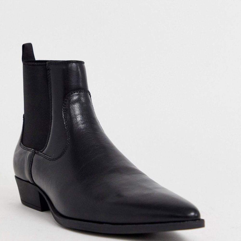 ASOS DESIGN stacked heel western chelsea boots in black faux leather.